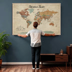 Custom Beige Push Pin World Map Canvas Print, Next Trip Planner Map, Family Room and Study Decor