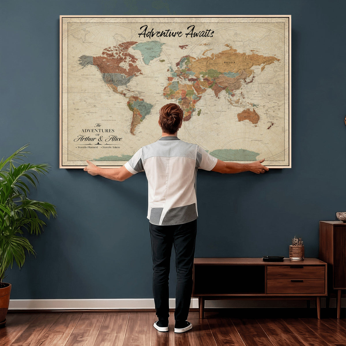 Custom Beige Push Pin World Map Canvas Print, Next Trip Planner Map, Family Room and Study Decor