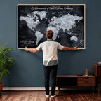 Personalized Framed Beige Modern Push Pin World Map Wall Art, Places Visited Tracker, Family Room and Dining Room Decor