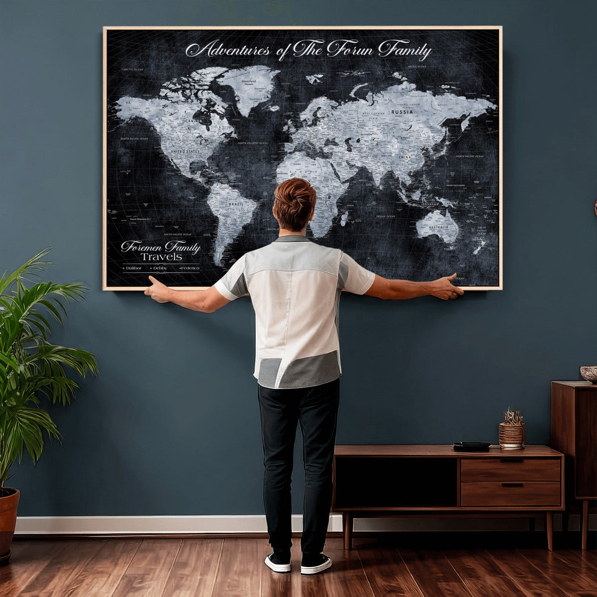 Personalized Framed Beige Modern Push Pin World Map Wall Art, Places Visited Tracker, Family Room and Dining Room Decor