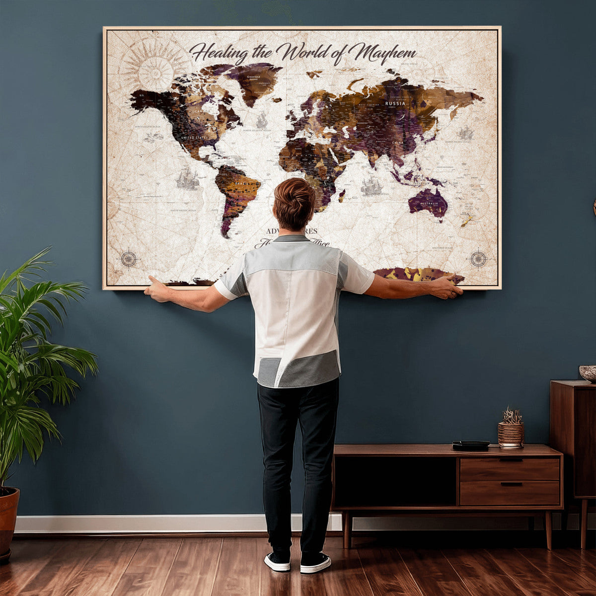 Personalized Framed Navy World Travel Map Wall Art with Pins, Honeymoon and Anniversary Gift, Living Room and Bedroom Decor