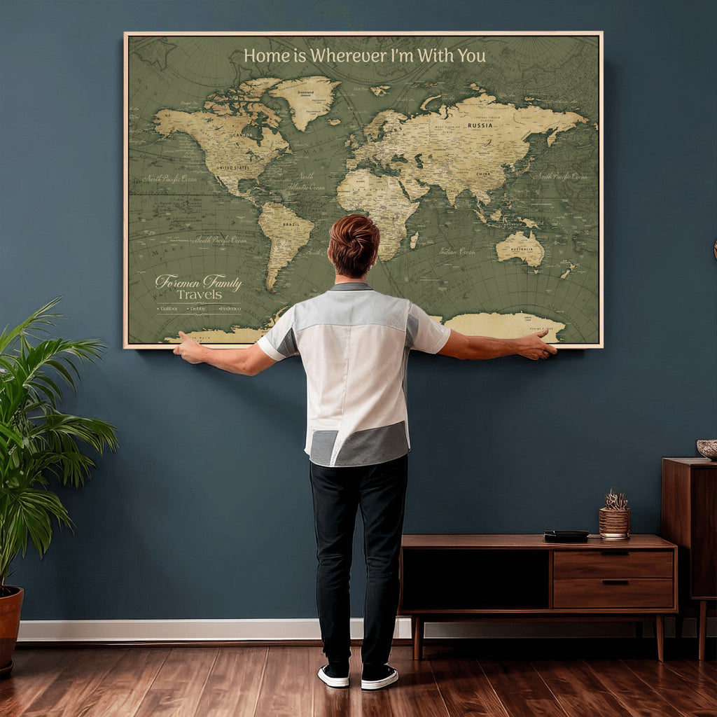 Personalized Framed Beige Geometric Push Pin World Map Canvas Print, Honeymoon and Anniversary Gift, Dining Room and Bedroom Decor