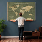 Personalized Framed Beige Geometric Push Pin World Map Canvas Print, Honeymoon and Anniversary Gift, Dining Room and Bedroom Decor