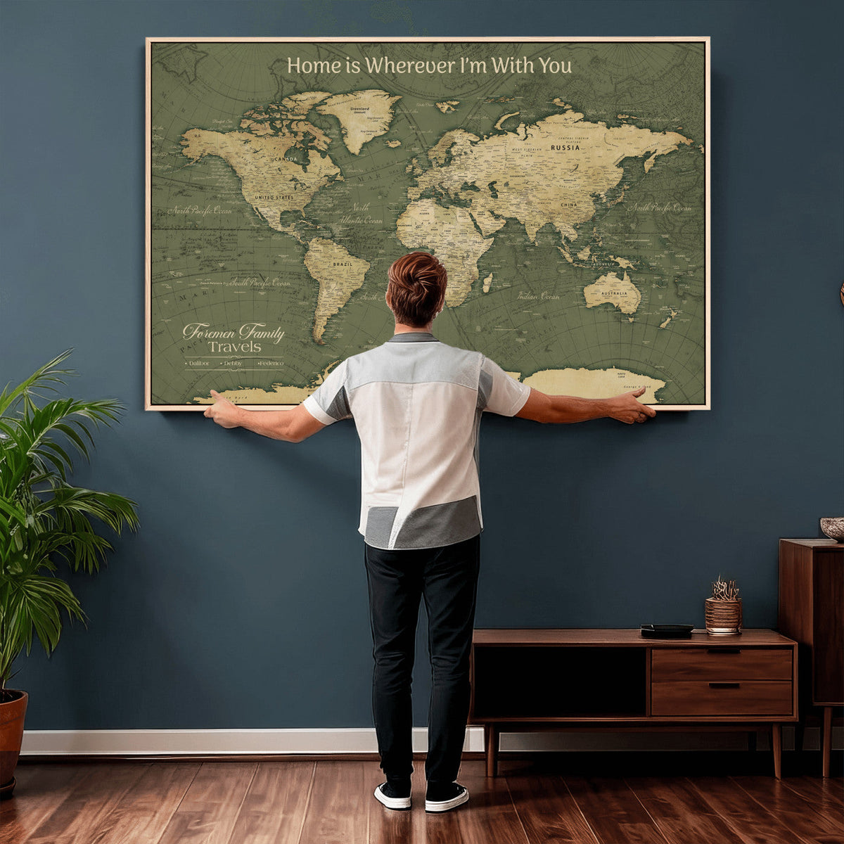 Personalized Framed Beige Geometric Push Pin World Map Canvas Print, Honeymoon and Anniversary Gift, Dining Room and Bedroom Decor