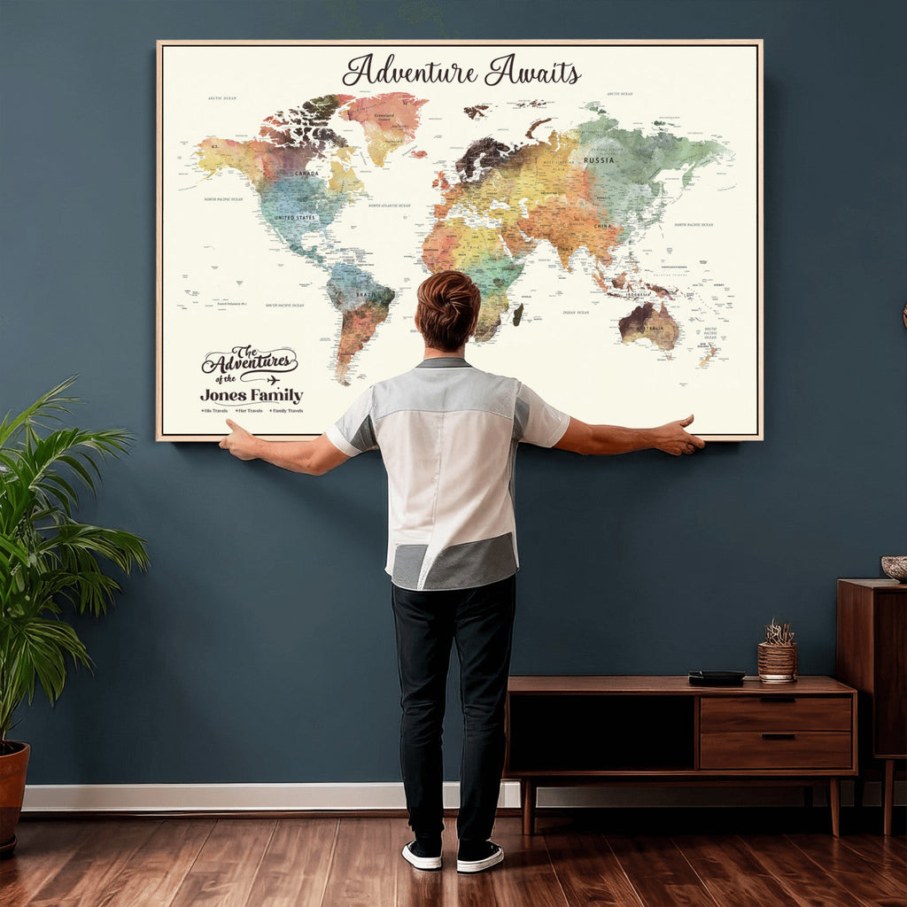 Custom Beige World Map Canvas with Push Pins, Honeymoon and Anniversary Gift, Dining Room and Entryway Decor