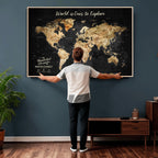 Personalized Framed Black Beige Modern World Travel Map Wall Art with Pins, Bucket List Map, Living Room and Hallway Decor