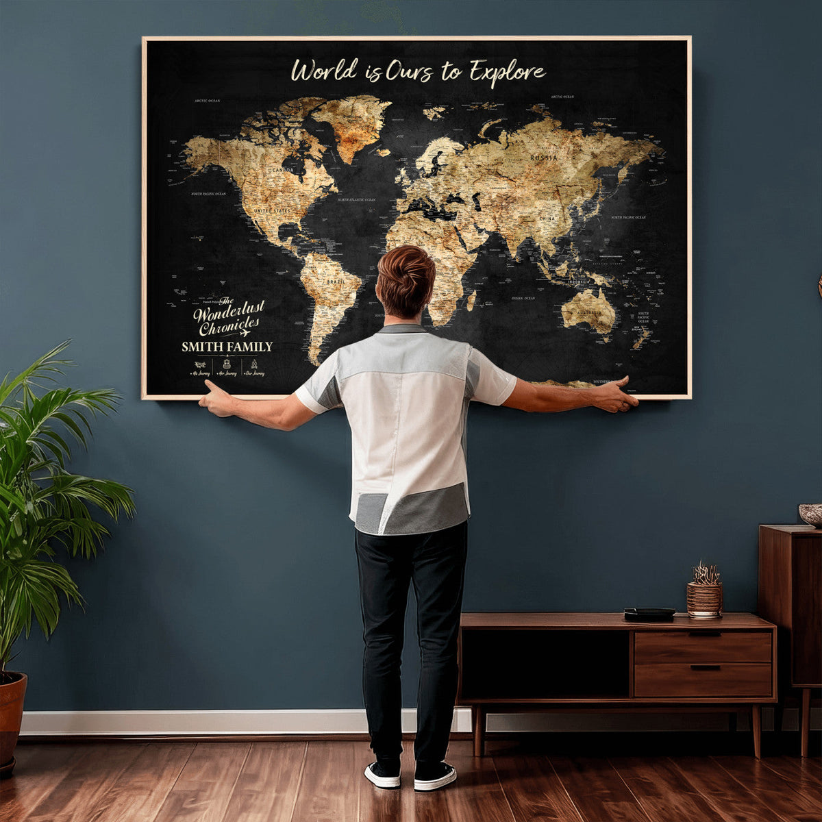 Personalized Framed Black Beige Modern World Travel Map Wall Art with Pins, Bucket List Map, Living Room and Hallway Decor