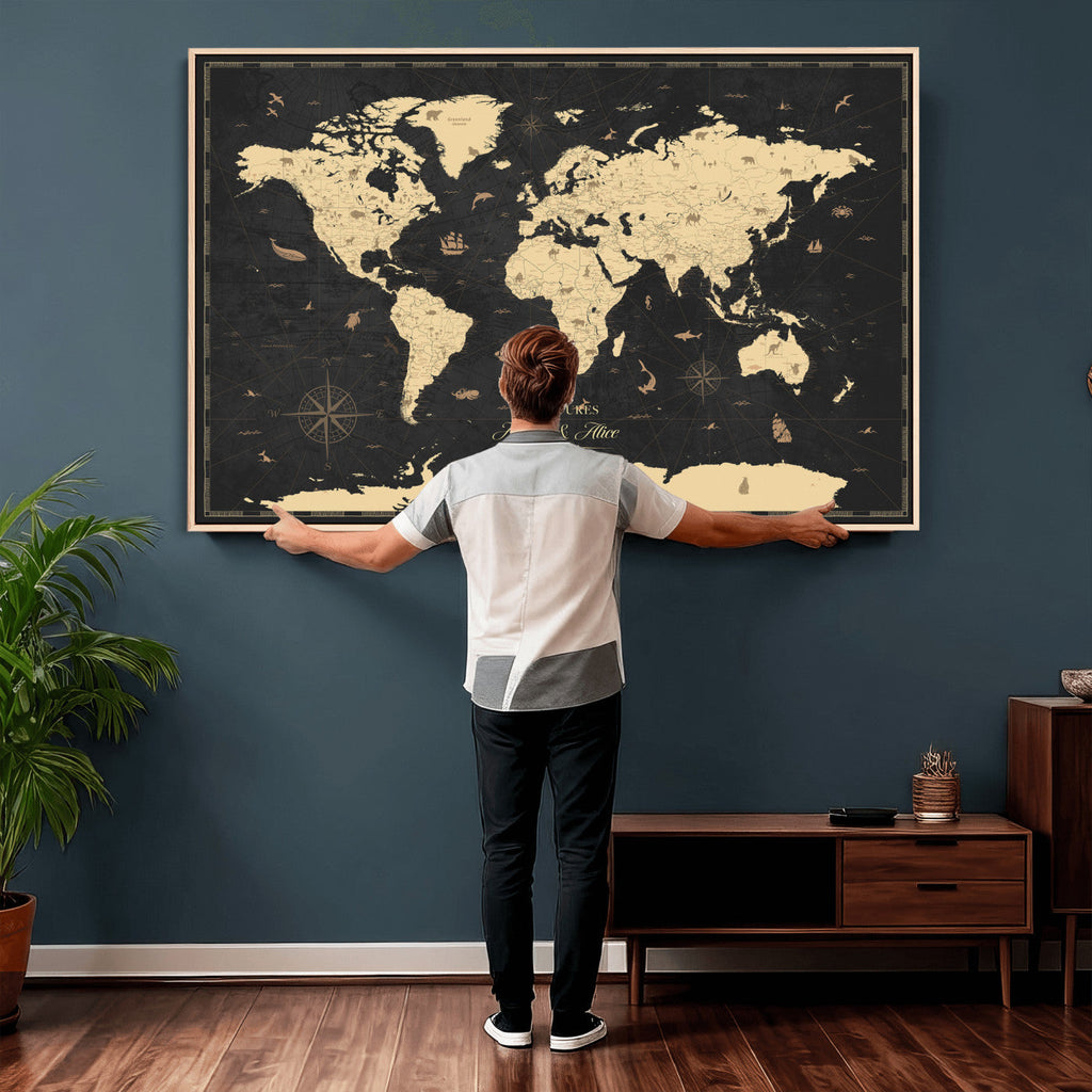 Personalized Beige Push Pin World Map Canvas Print, Places Visited Tracker, Home Office and Study Decor