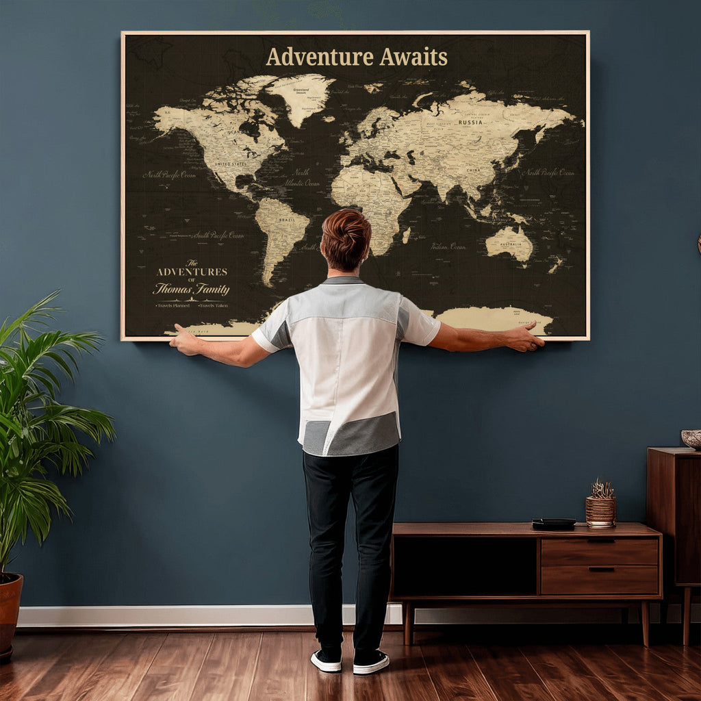 Custom Beige Push Pin World Map Wall Art, Next Trip Planner Map, Living Room and Home Office Decor