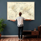 Personalized Beige Modern Push Pin World Map Wall Art, Honeymoon and Anniversary Gift, Bedroom and Study Decor