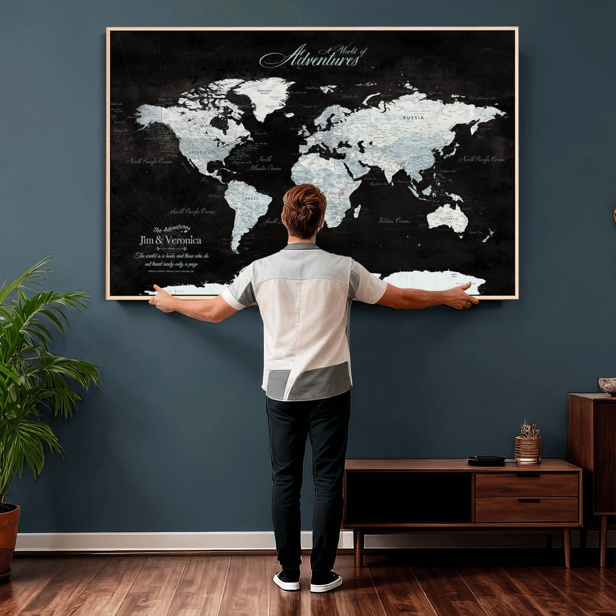 Custom Beige World Travel Map Wall Art with Pins, Places Visited Tracker, Bedroom and Home Office Decor