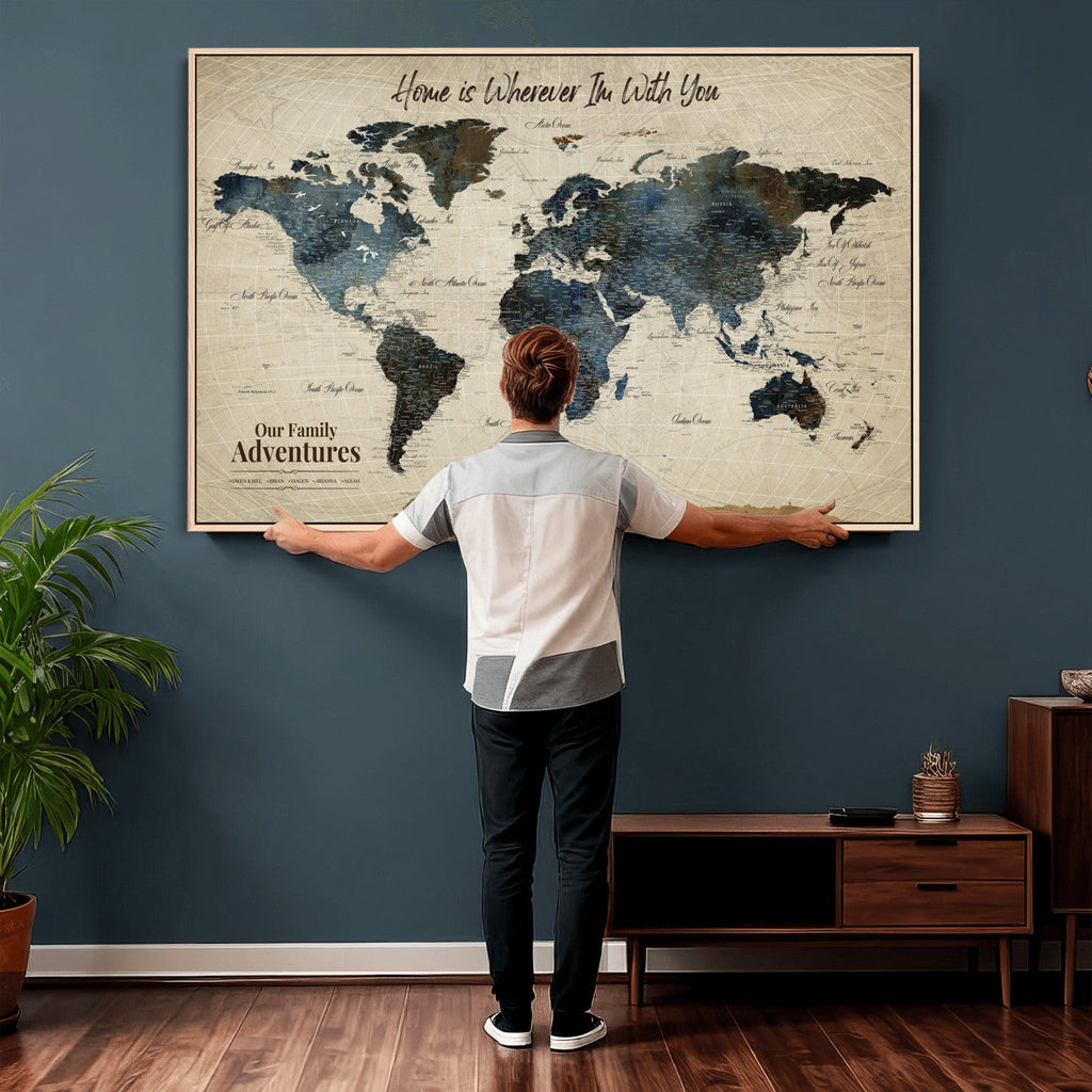 Personalized Framed Black Modern Push Pin Travel Map Canvas Print, Family Travel Tracker, Home Office and Entryway Decor