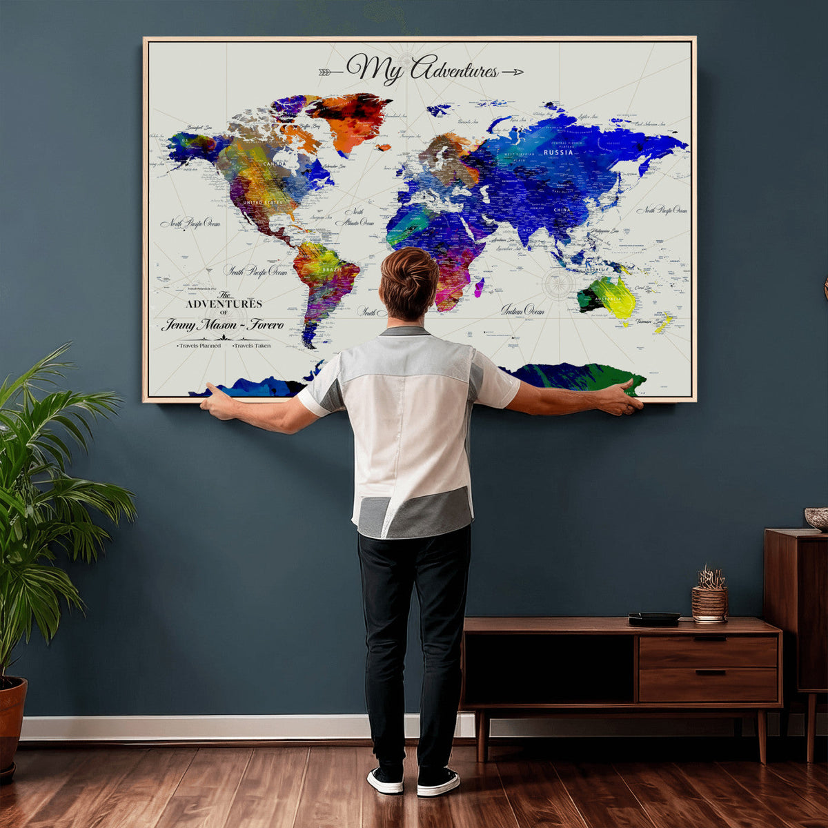 Detailed Custom Framed Beige Modern World Map Canvas with Push Pins, Honeymoon and Anniversary Gift, Dining Room and Home Office Decor
