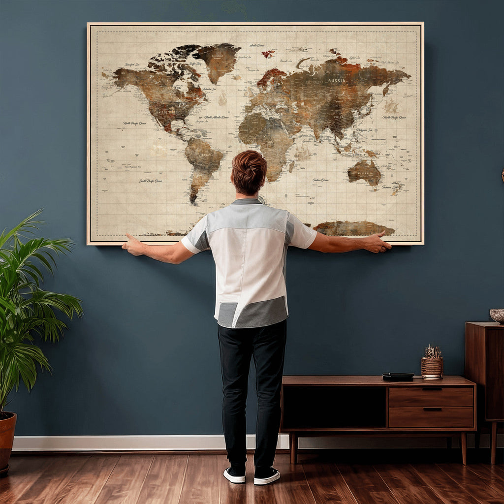 Vintage World Map Wall Art Canvas Print for Living Room, Office and Study