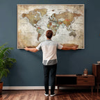 Custom Framed Modern Push Pin World Map Wall Art, Places Visited Tracker, Home Office and Entryway Decor