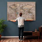 Grunge World Map Canvas Wall Art - Vintage Aged World Map with Golden Tones