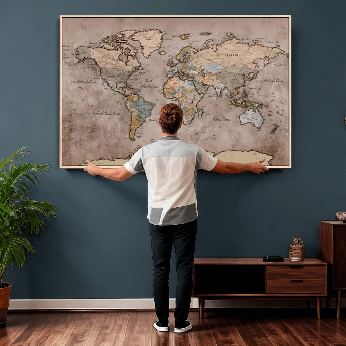 Grunge World Map Canvas Wall Art - Vintage Aged World Map with Golden Tones