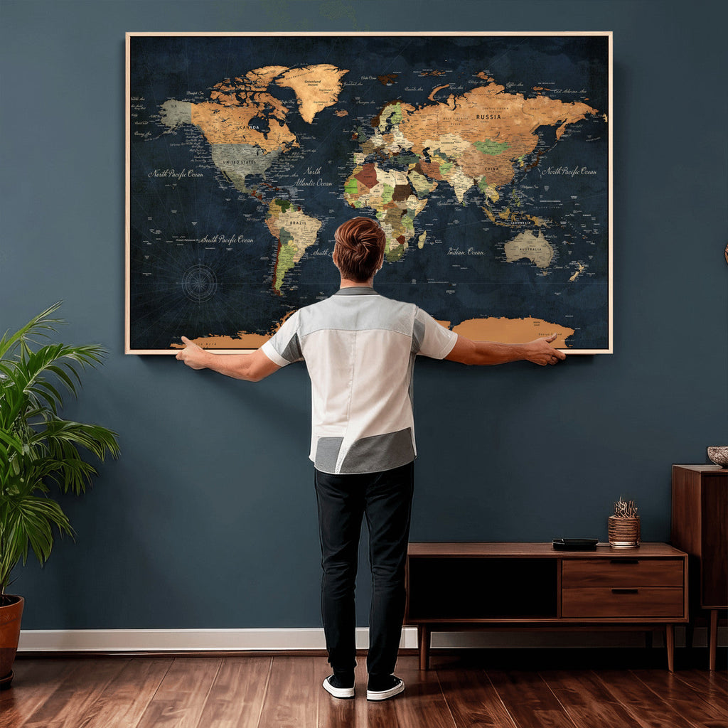 Vintage World Map Canvas Wall Art | Detailed Map with Countries, Oceans and Continents
