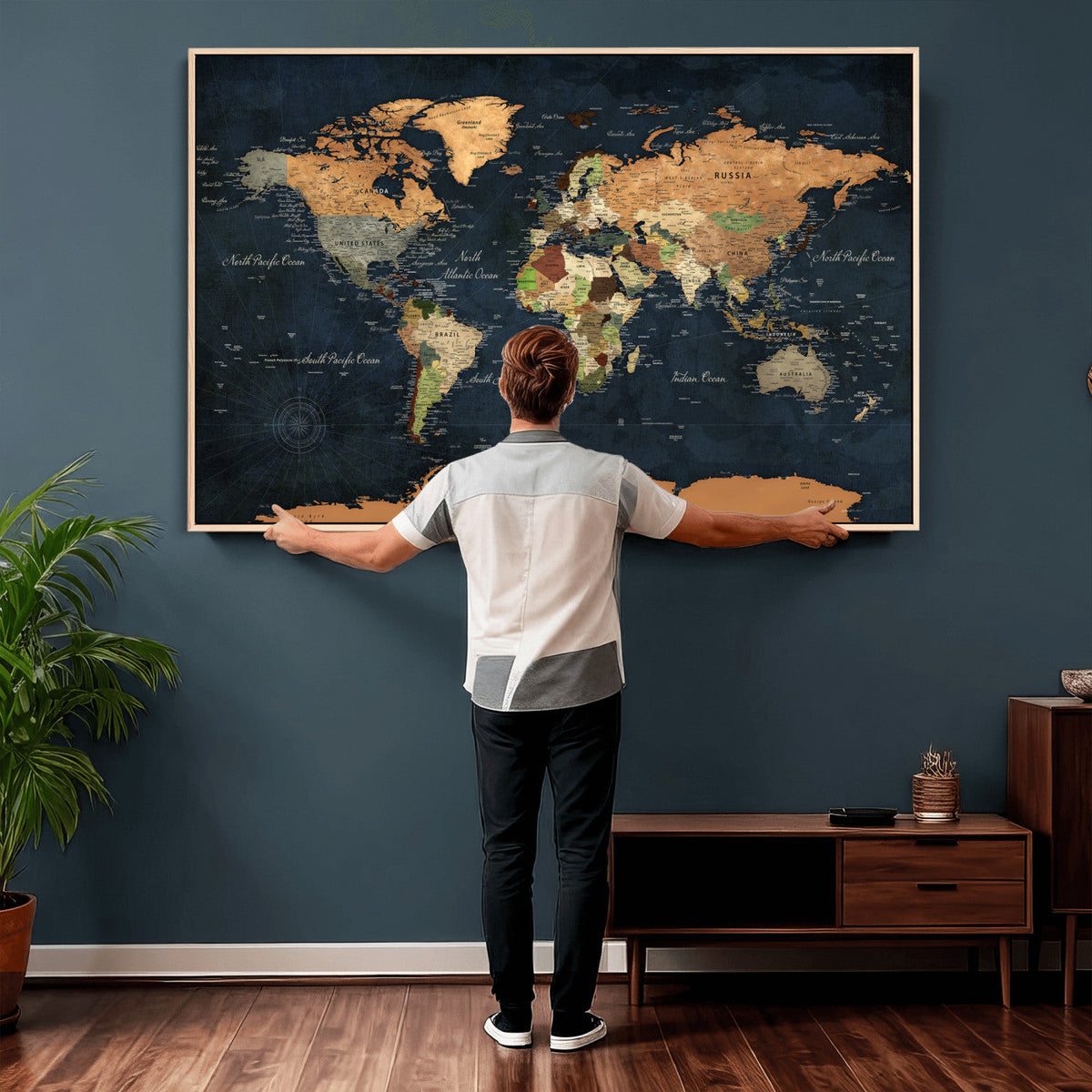 Vintage World Map Canvas Wall Art | Detailed Map with Countries, Oceans and Continents