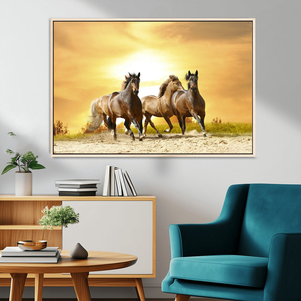 Wild Horses Wall Art Canvas Print, Framed Galloping Herd