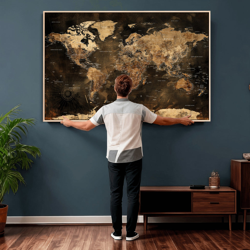 World Map Canvas Print, Modern Decorative Framed Map Artwork