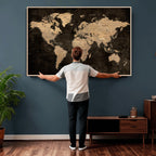 Brown World Map Canvas Print | Modern Travel Map Wall Art