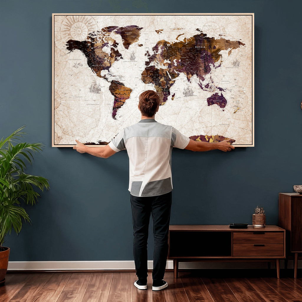 Blue Watercolor World Map Canvas Print | Framed Modern Wall Art