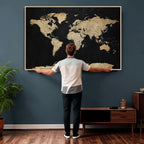 Beige World Map Canvas Wall Art Print, Minimal Black and Beige Map