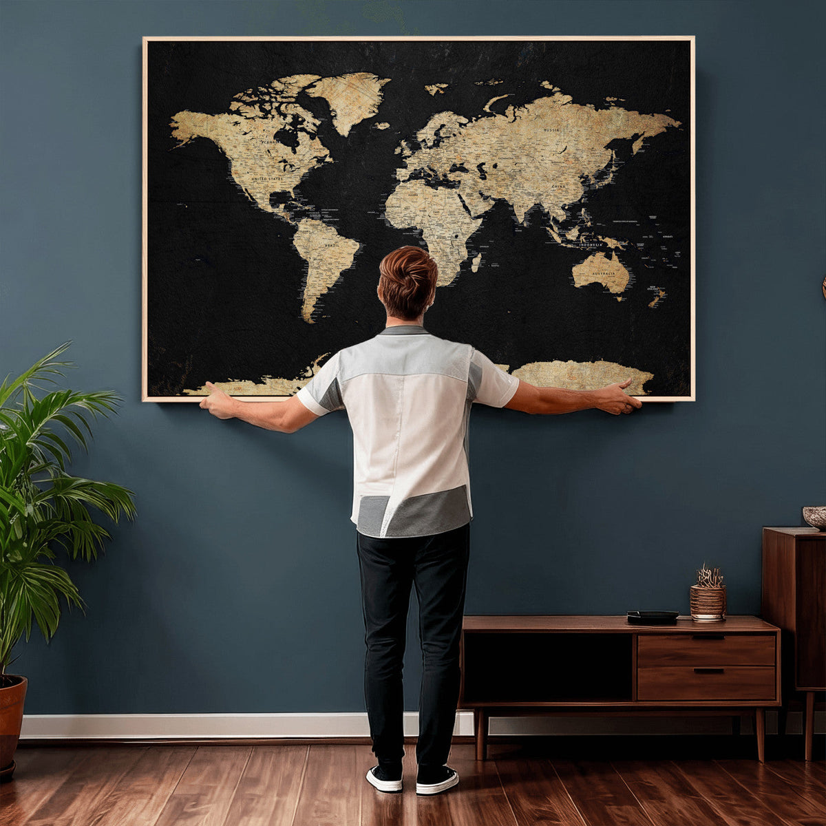 Beige World Map Canvas Wall Art Print, Minimal Black and Beige Map