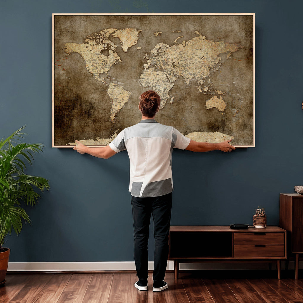 Dark Vintage World Map Canvas Wall Art Print, Antique Map Artwork