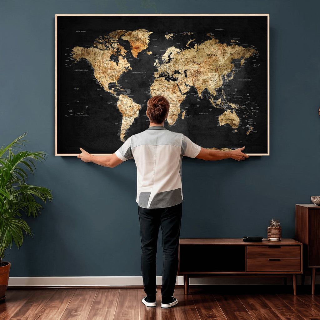 World Map Canvas Wall Art with Famous Landmarks | Framed Travel Map