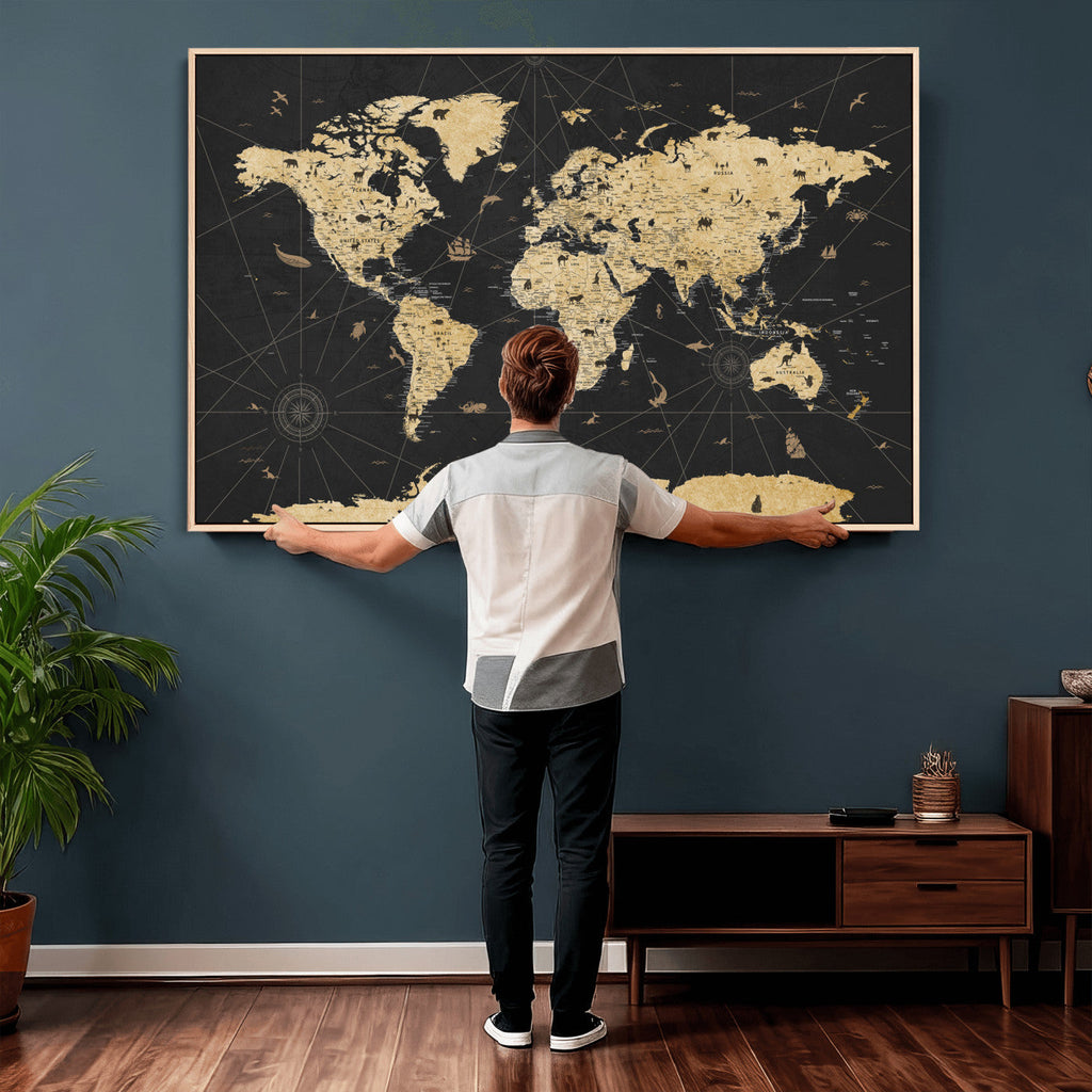 Vintage Blue and Brown World Map Canvas Wall Art | Framed Rustic Map Print