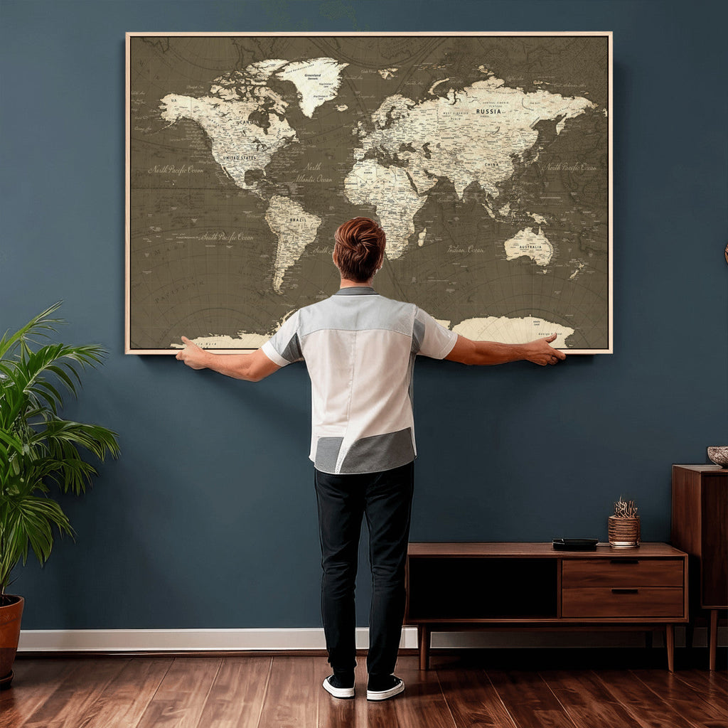 Vintage World Map Canvas Print | Framed Travel Map Wall Art for Couples