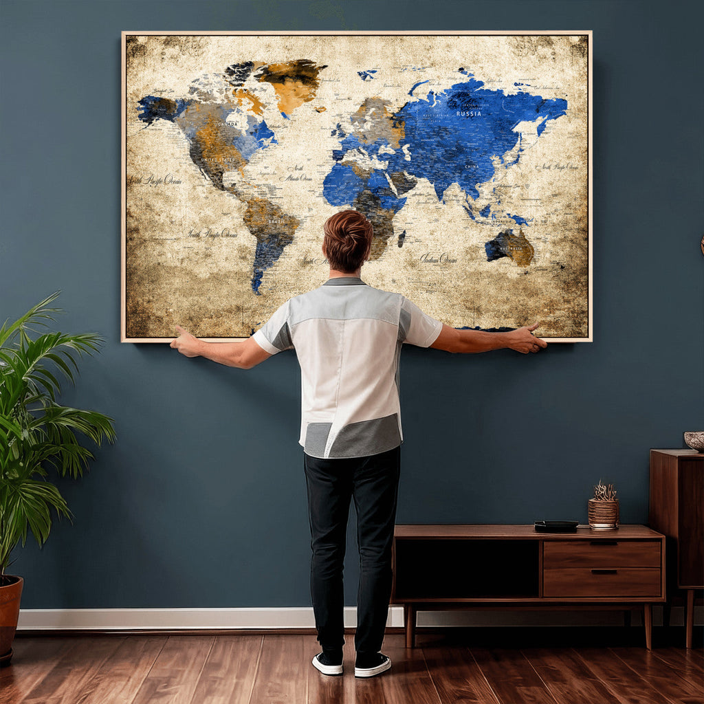 World Map Canvas Print | Colorful Abstract Travel Map, Framed Wall Art