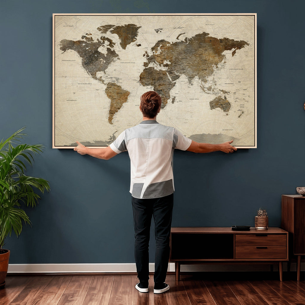 Vintage World Map Canvas Wall Art | Framed Antique Style Travel Map