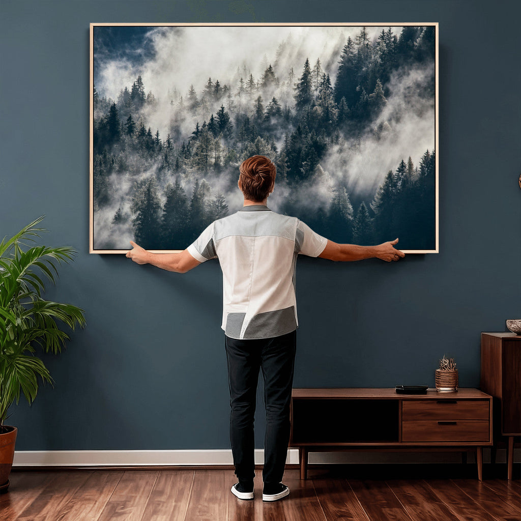 Foggy Mountain Forest Canvas Print, Misty Pine Trees Nature Wall Art