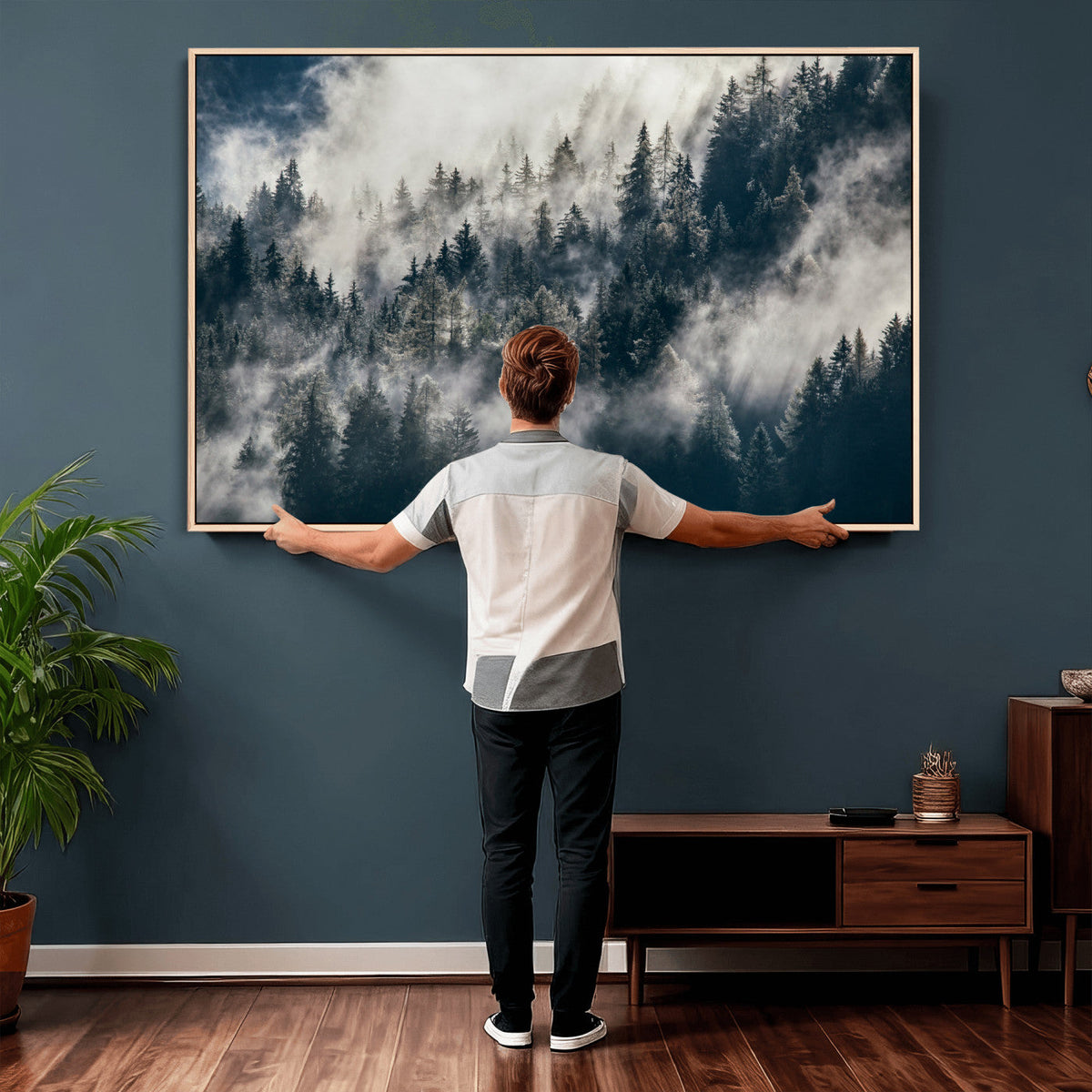 Foggy Mountain Forest Canvas Print, Misty Pine Trees Nature Wall Art