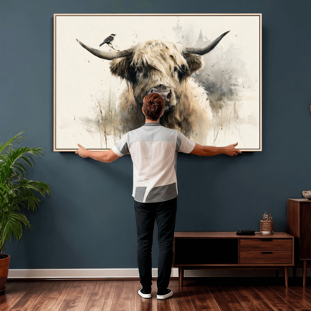 Abstract Highland Cow Wall Art Canvas Print, Rustic Farm Cattle Portrait
