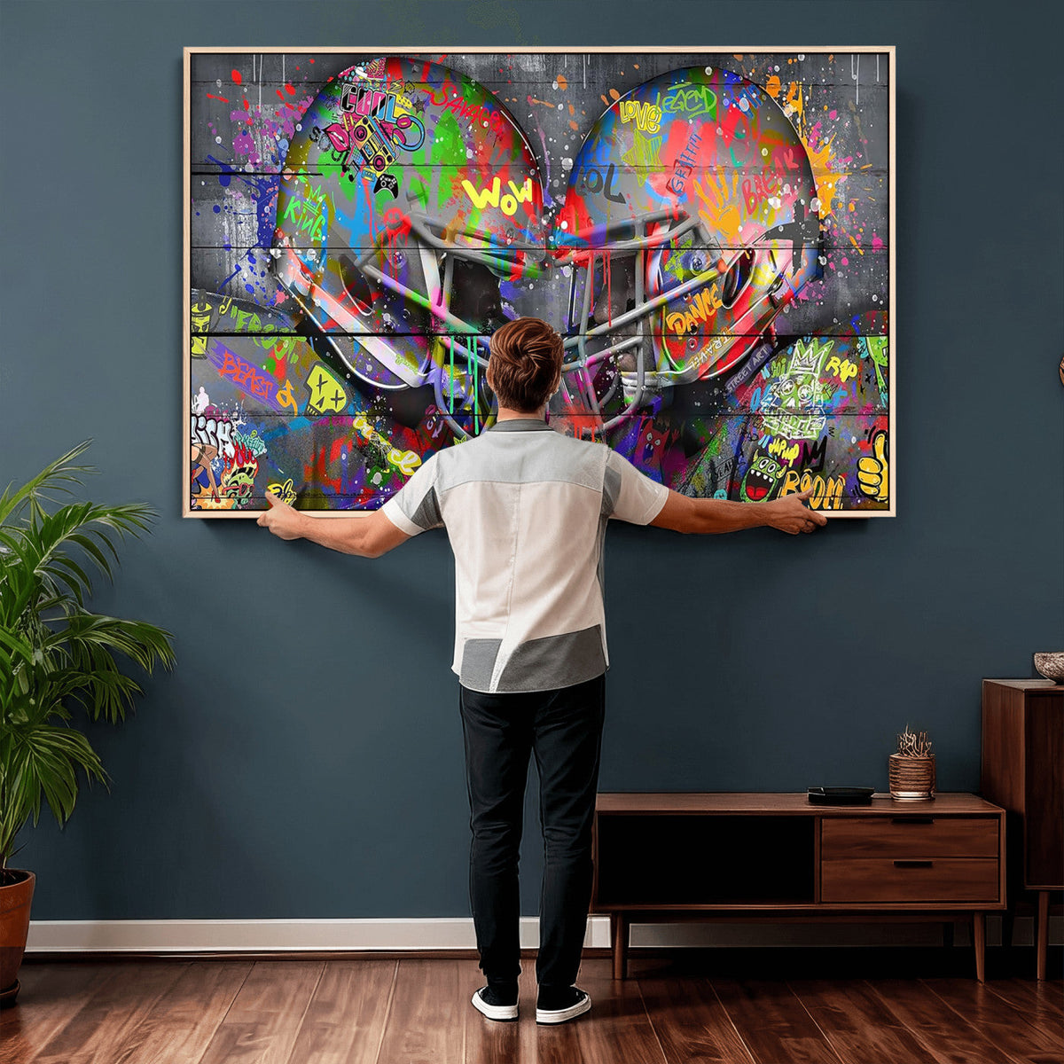 Graffiti Football Helmets Wall Art Canvas Print, Urban Street Art