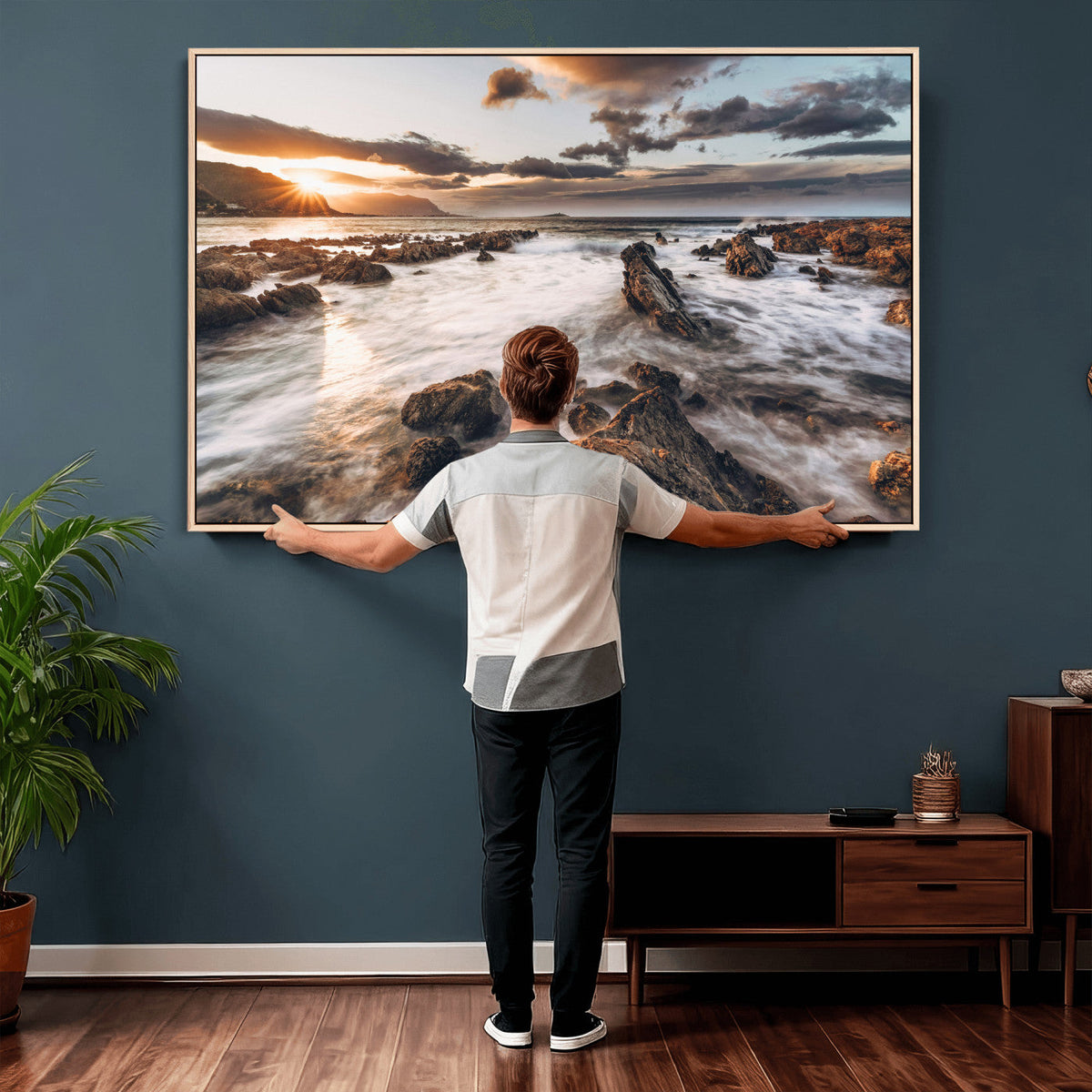 Rocky Coast Ocean Sunset Wall Art Canvas Print, Dramatic Seascape Nature Decor