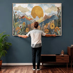 Boho Mountain Landscape Large Wall Art, Horizontal Gold Sun and Flowers Print