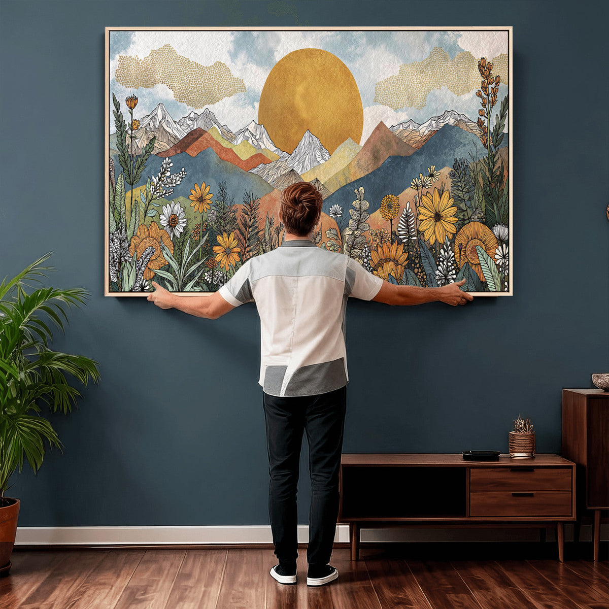Boho Mountain Landscape Large Wall Art, Horizontal Gold Sun and Flowers Print