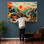 Yayoi Kusama Boho Mountain Landscape Large Wall Art, Gold Sun and Flowers Print