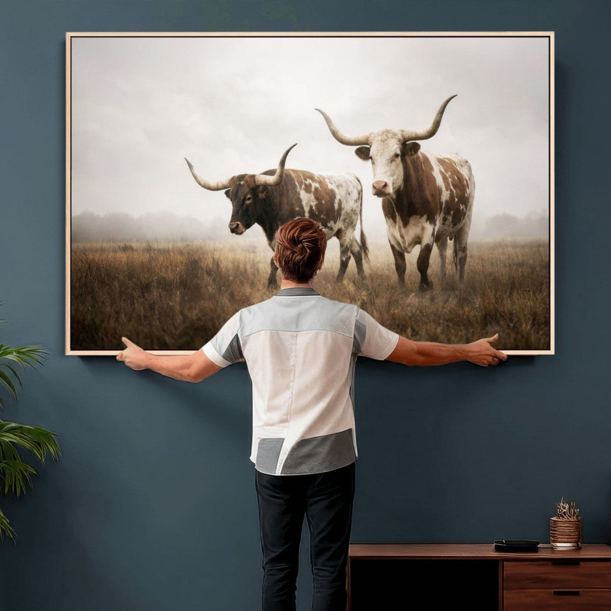 Texas Longhorn Canvas Wall Art Western Bull Desert, Rustic Farmhouse Wall Decor