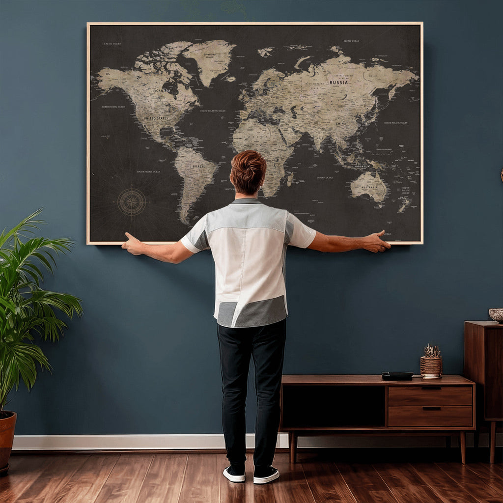World Map Canvas Wall Art, Dark Charcoal and Antique Tan Detailed Map