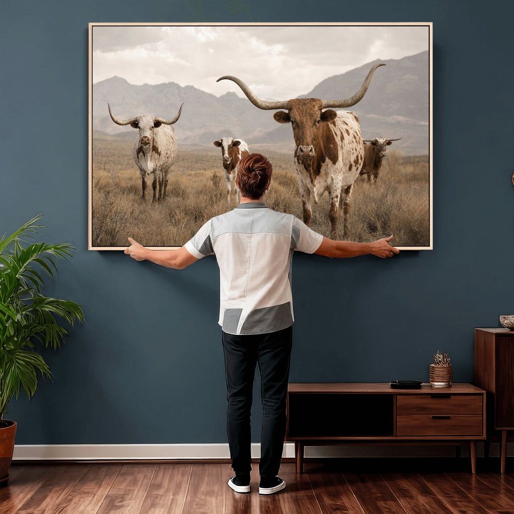 Rustic Texas Longhorn Cow Canvas Wall Art Print, Farm Animal Photography
