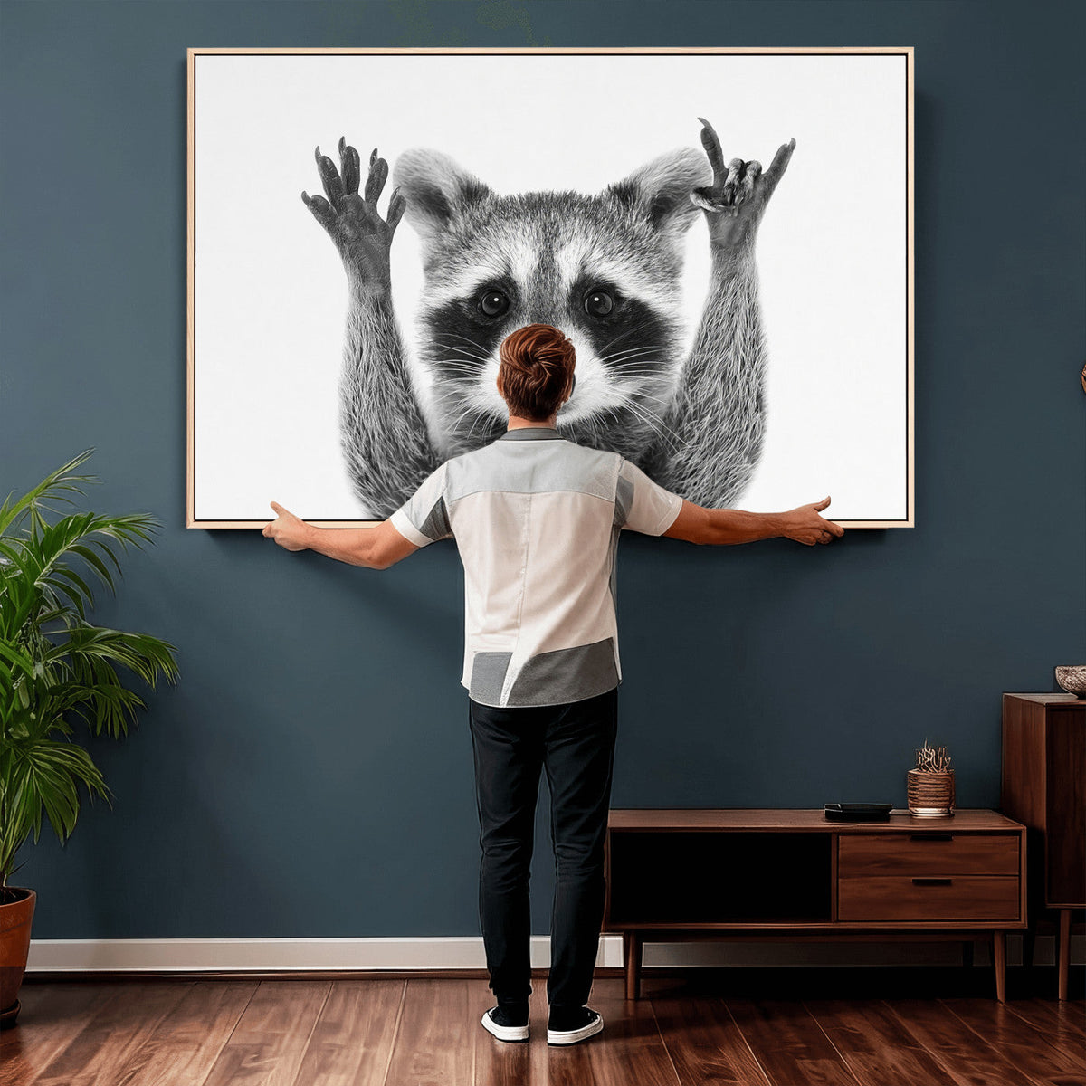 Funny Raccoon Canvas Wall Art, Black White Hands Up Animal Photo Print