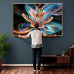 Fractal Lotus Canvas Wall Art, Blue Orange Glowing Flower Abstract Print
