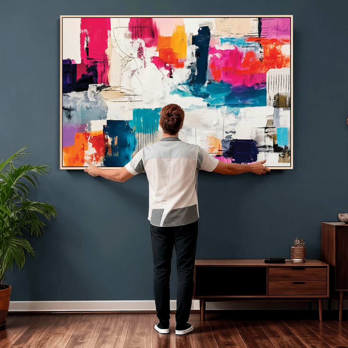 Blue Teal Abstract Canvas Wall Art, Modern Brushstroke Style Print, Navy Orange Contemporary Decor