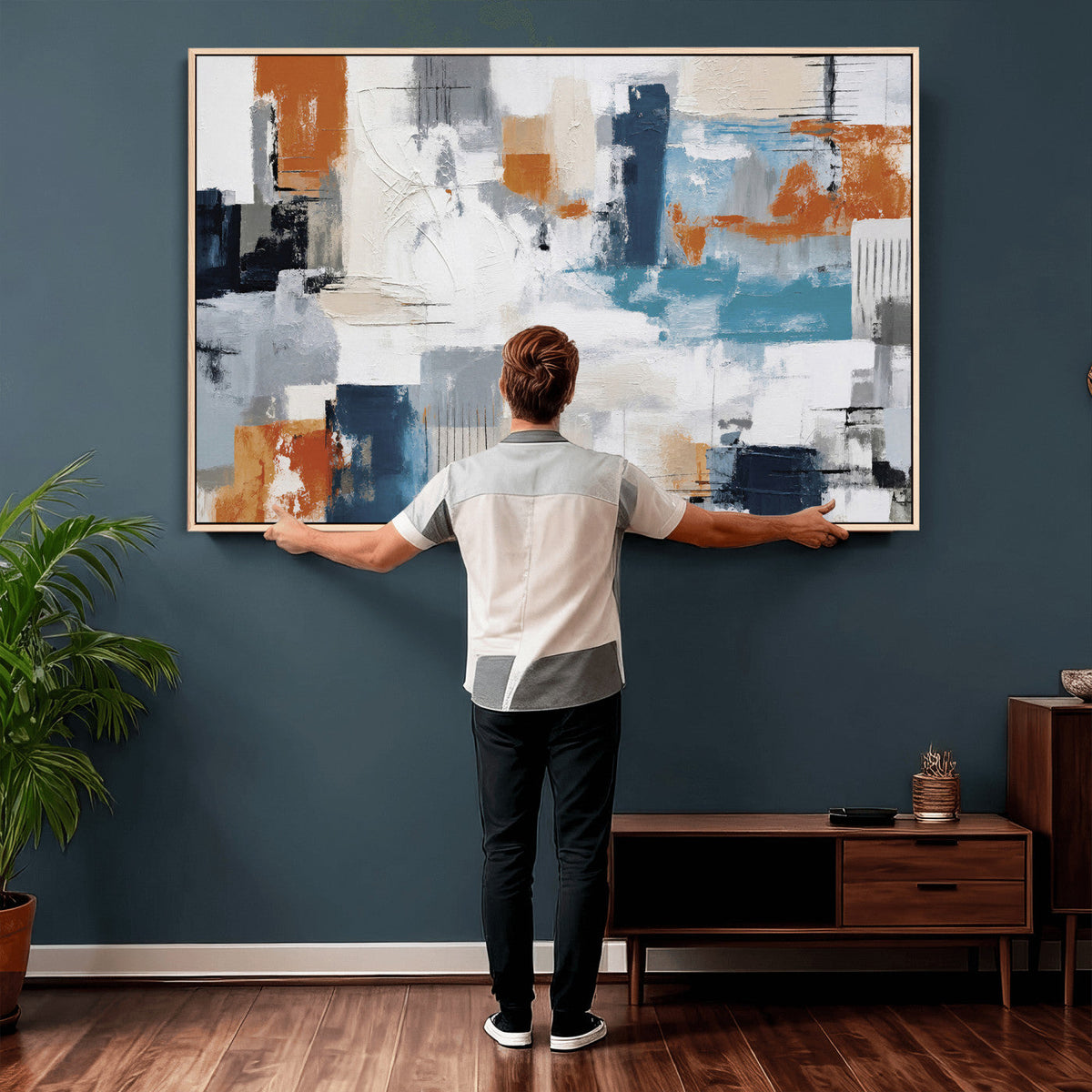 Blue Teal Abstract Canvas Wall Art, Modern Brushstroke Style Print, Navy Orange Contemporary Decor